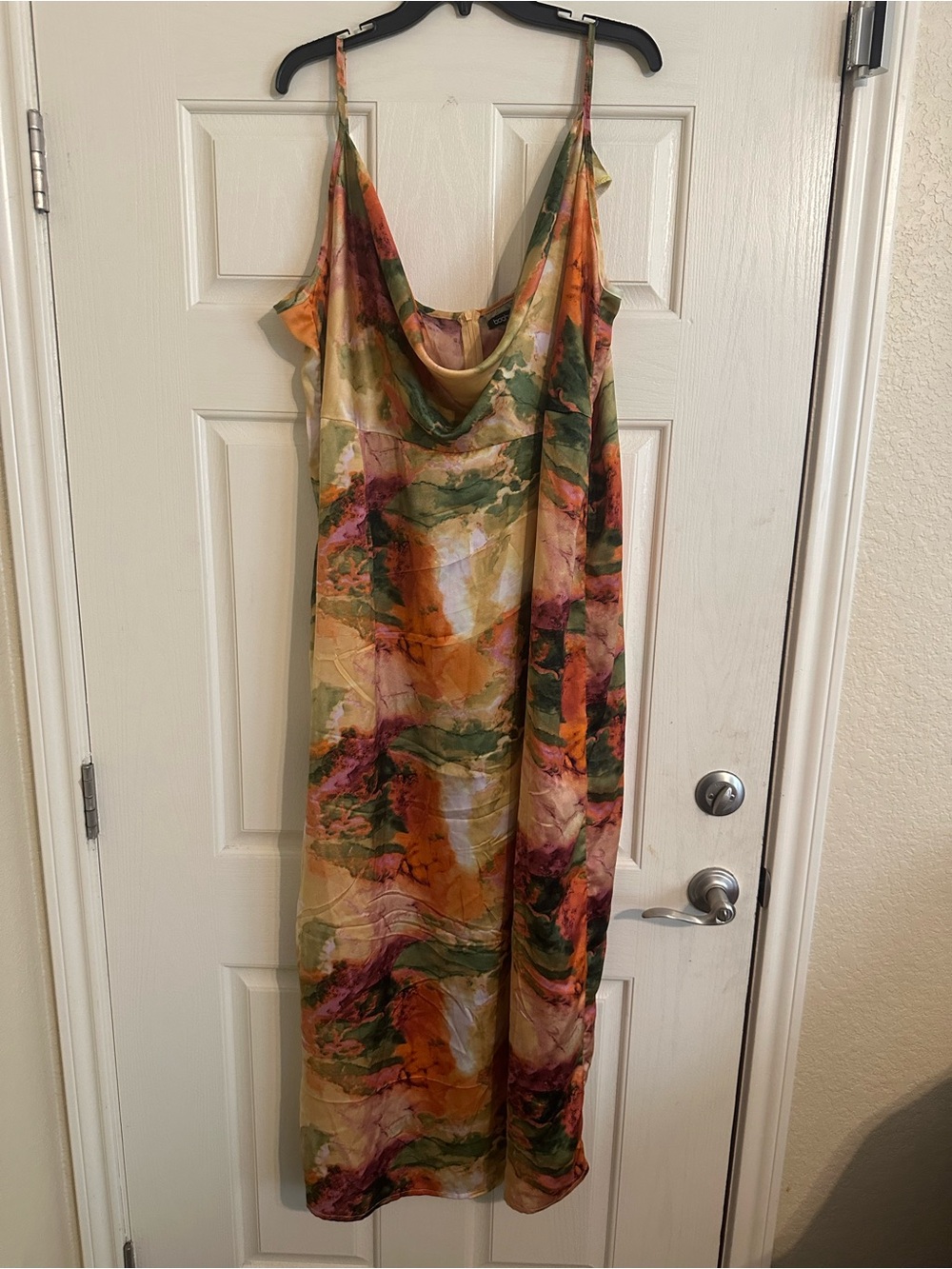 Boohoo Watercolor Slip Maxi Dress in Green, Orange & Pink